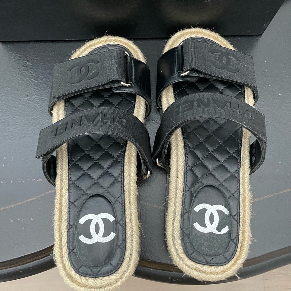 Chanel Stretch Fabric and Lambskin Mules Black